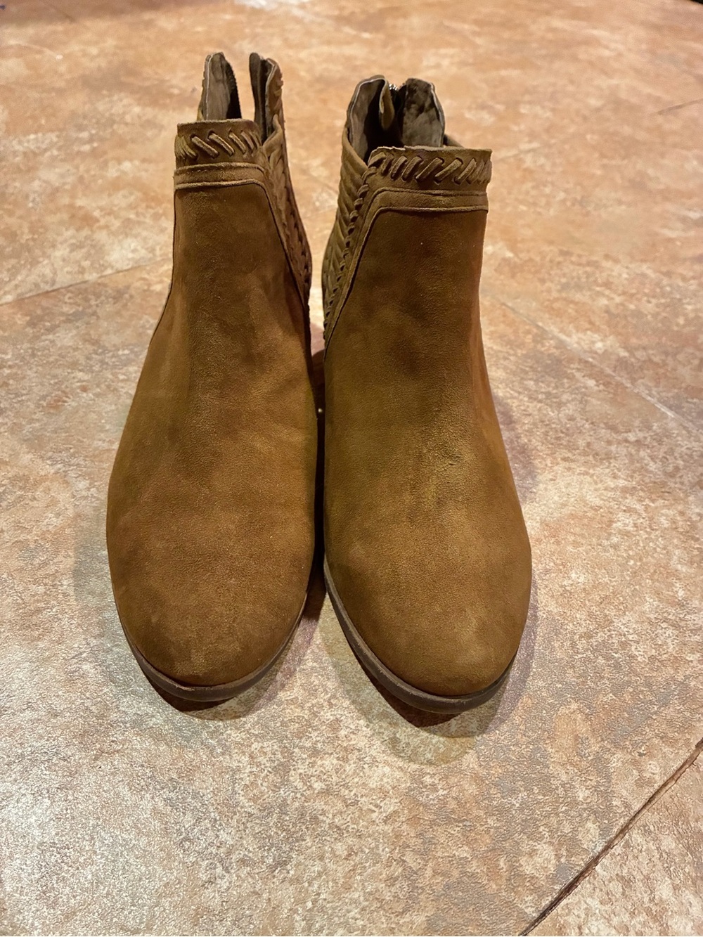 Vince Camaro Brown Suede Ankle Boots with Braided Trim